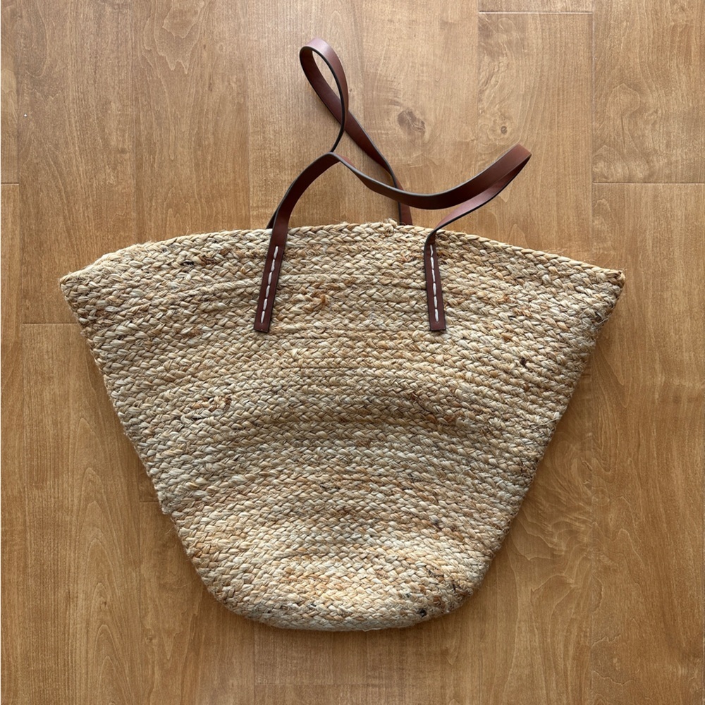 Mango Jute Basket Bag, Large Beach Tote, Drawstring Vacation Leather Handle Bag - Picture 7 of 15